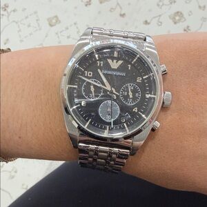Emporio Armani Black Dial Silver Band Watch